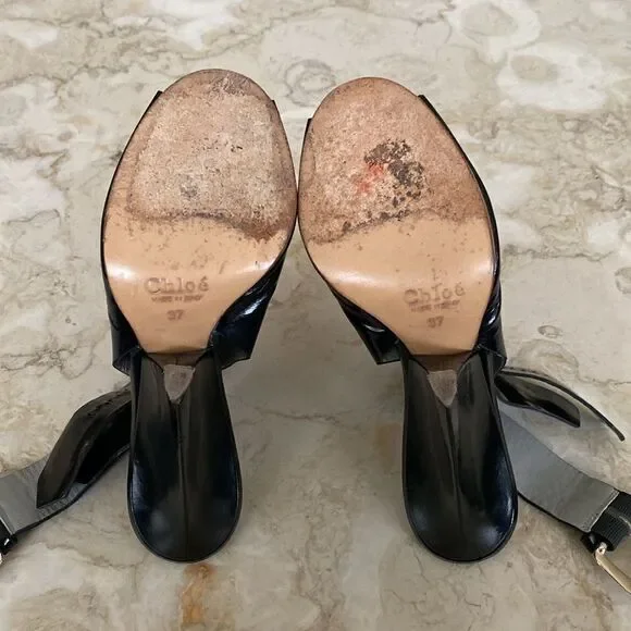 Chloe Black Patent Leather Peep-Toe Buckle Accent Heels - Picture 12 of 14